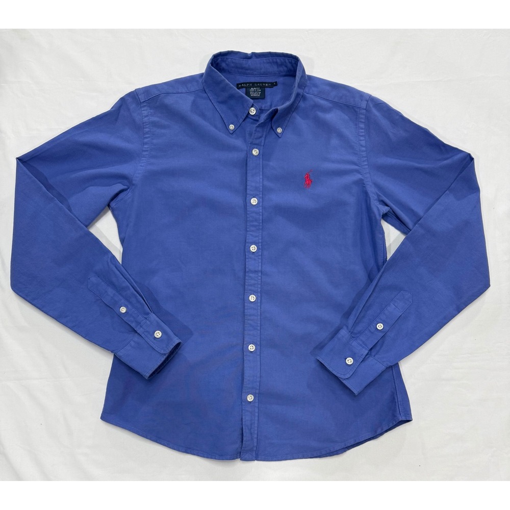 Ralph Lauren Slim Fit Cotton Button Down Shirt Blue Red Pony Size 6